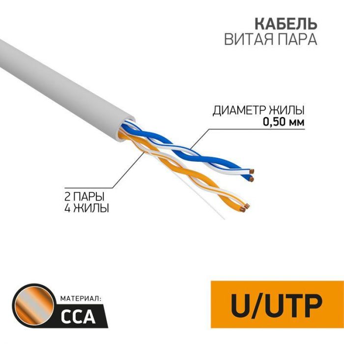 Кабель витая пара U/UTP 2х2х24AWG кат.5E solid CCA PVC сер. (м) PROCONNECT 01-0022-3