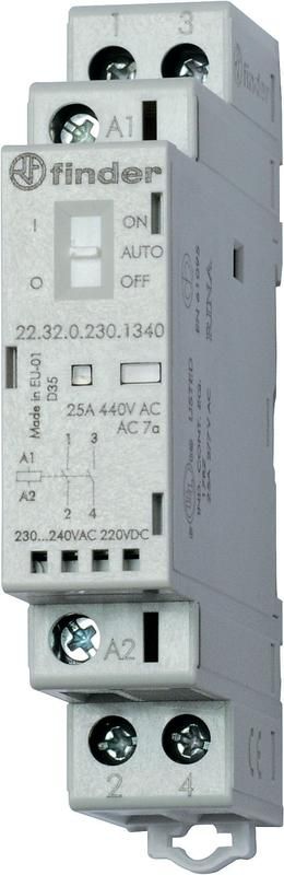 Контактор модульный 2NO 25А AgNi 24В AC/DC 17.5мм IP20 опции: мех. индикатор + LED FINDER 223200241320