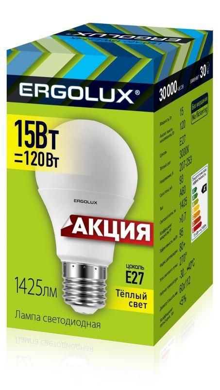 Лампа светодиодная LED-A60-15W-E27-3K ЛОН 15Вт E27 3000К 220-240В ПРОМО Ergolux 14308