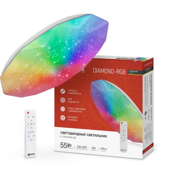 Светильник светодиодный COMFORT DIAMOND-RGB 55Вт 230В 3000-6500К 4400лм 385х75мм с пультом ДУ IN HOME 4690612044576